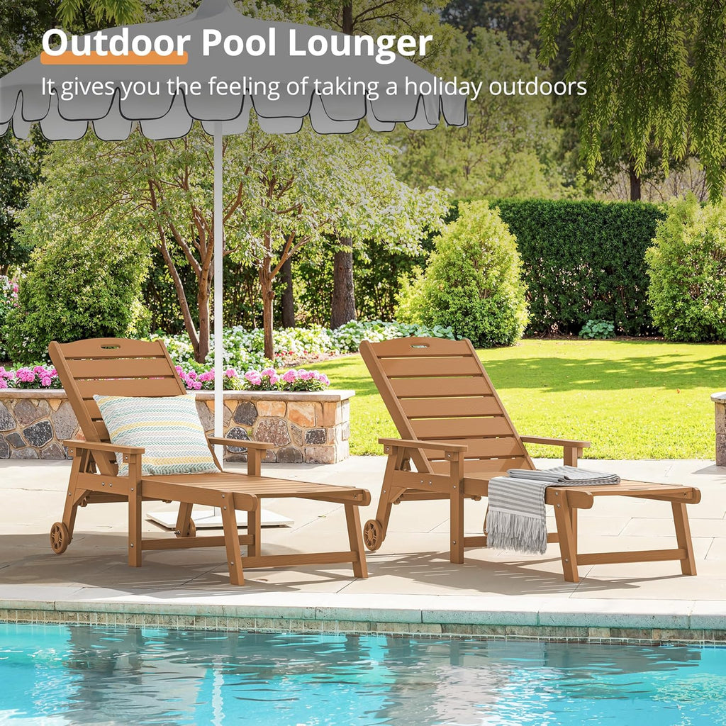 Outdoor Chaise Lounge, 5‐Position, 2‐Pack, Teak Color | HDPS Oversized Lounge Chair with Armrest, Fade & Crack