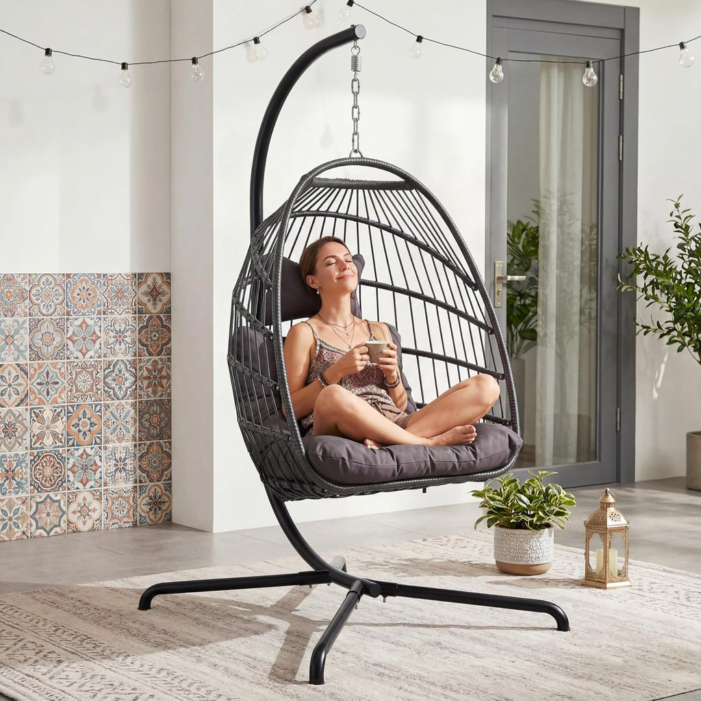 Outdoor Hanging Egg Chair with Stand, Foldable Egg Swing Chair | 350 lbs Heavy Duty, Dark Gray, Wicker Hanging Egg