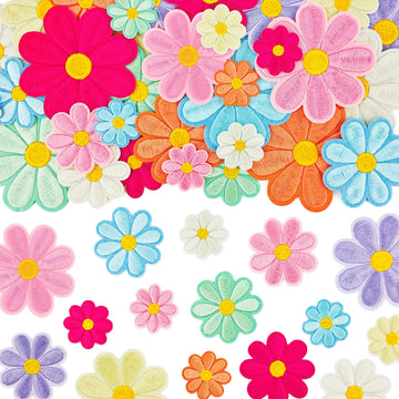 32Pcs 4 Sizes Daisy Flower Iron on Patches, Cute Embroidered Floral Applique Patches for Clothes, Bags, Hats
