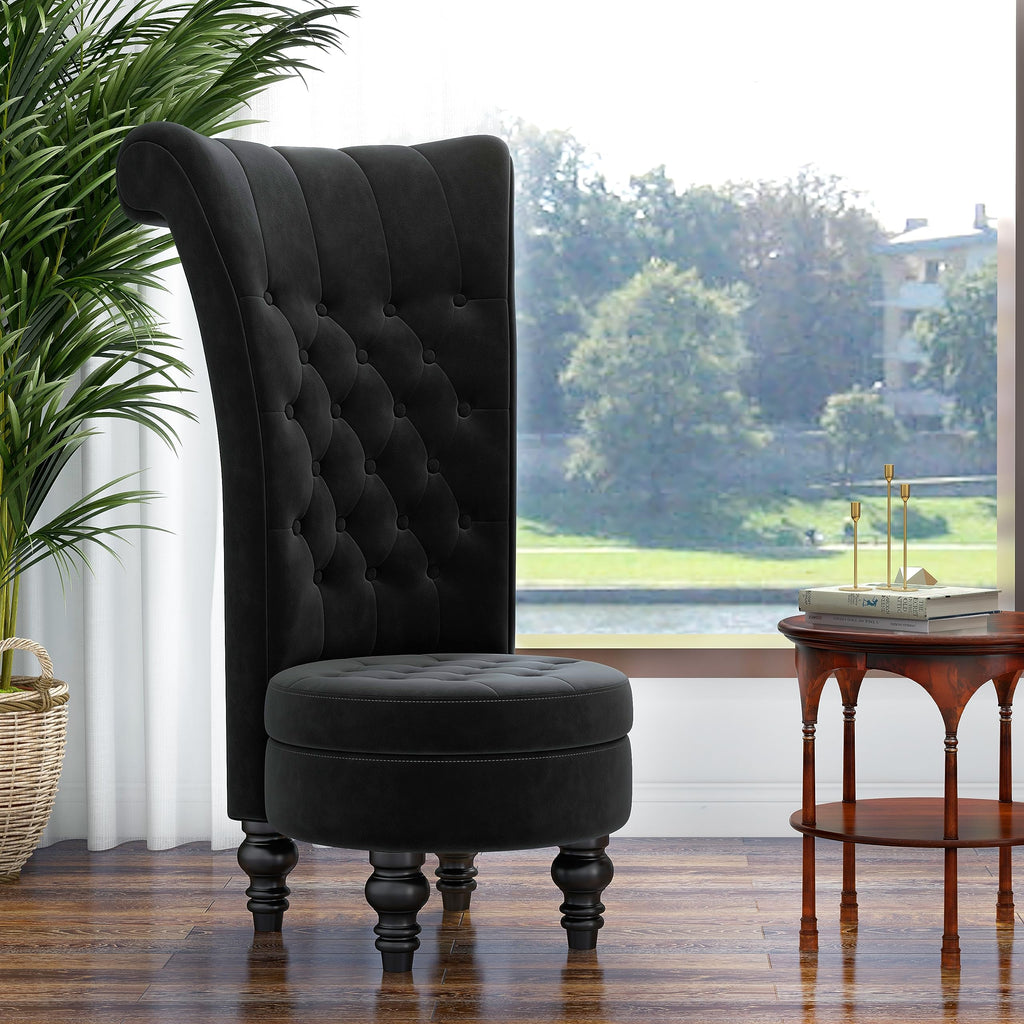 MU High Back Throne Royal Velvet Accent Armless Chair with Storage, Black