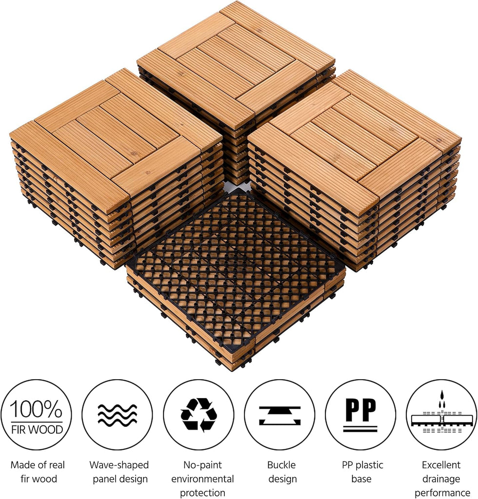 27PCS Patio Deck Tiles Interlocking Wood Decking Floor Tiles 12 x 12in Natural Wood for Outdoor & Indoor Patio Garden