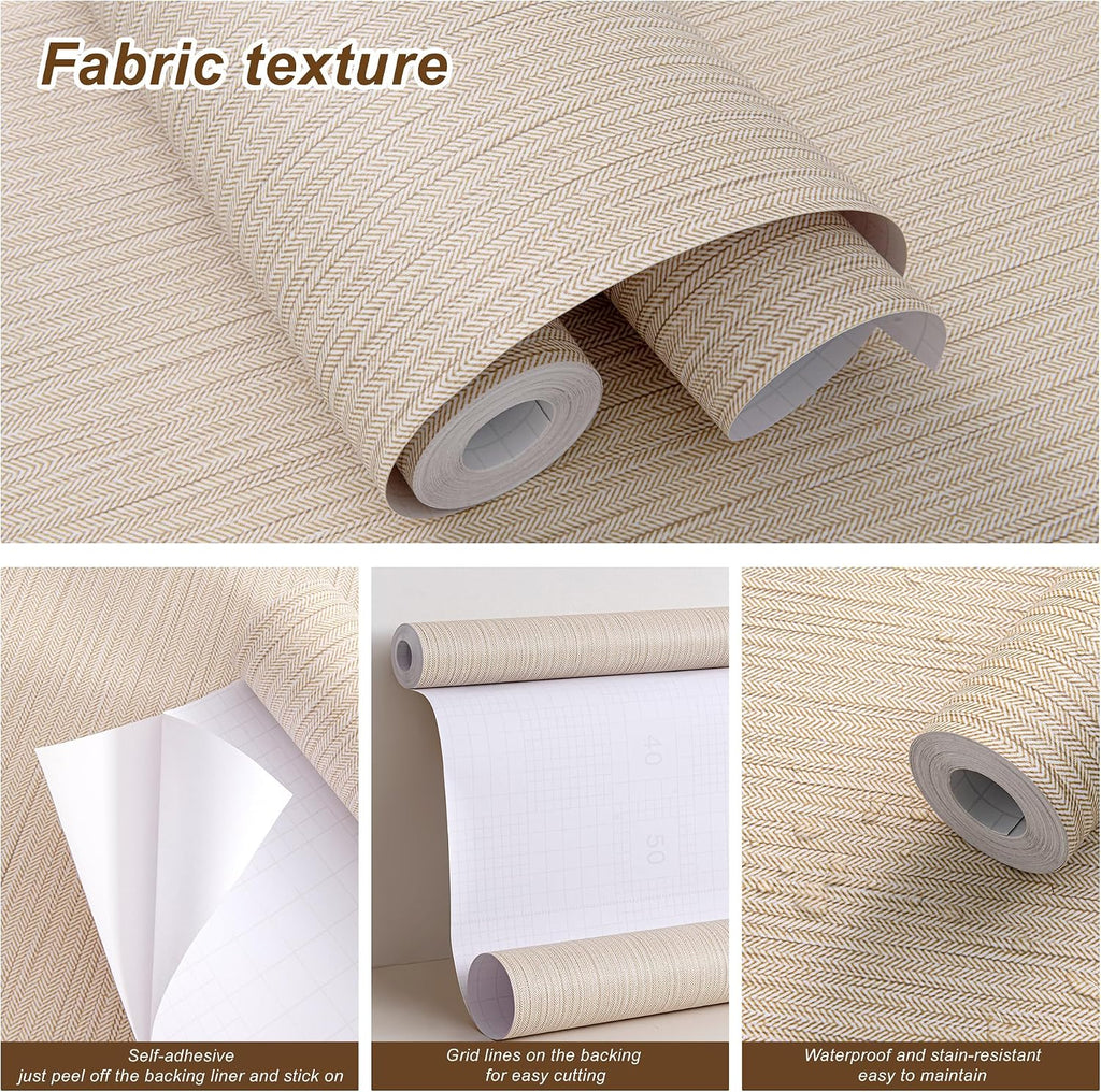 Beige Herringbone Peel and Stick Wallpaper, Modern Woven Look Geometric Self Adhesive Removable Wallpaper Living Room
