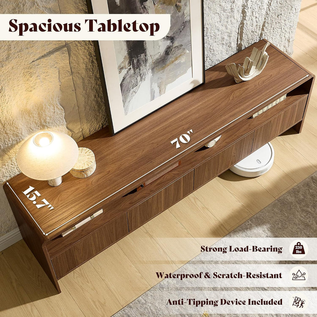 70" Modern TV Stand for TVs Up to 80", Wood TV Console with Curved Profile Design & 2 Storage Cabinets, Media Console