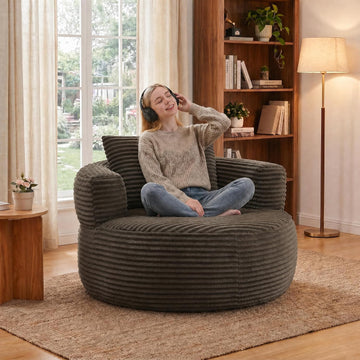 47.2" Round Accent Chair, Barrel Lounge Chair , Brown | Comfy Oversized Corduroy Upholstery Deep Seat Single Cuddle