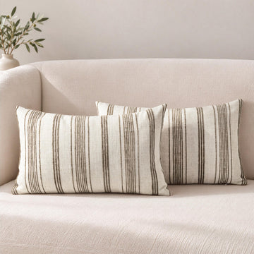 12x20 Decorative Farmhouse Linen Blend Lumbar Pillow Covers, Beige with Dark Brown Chenille Striped Pillow Case, Set