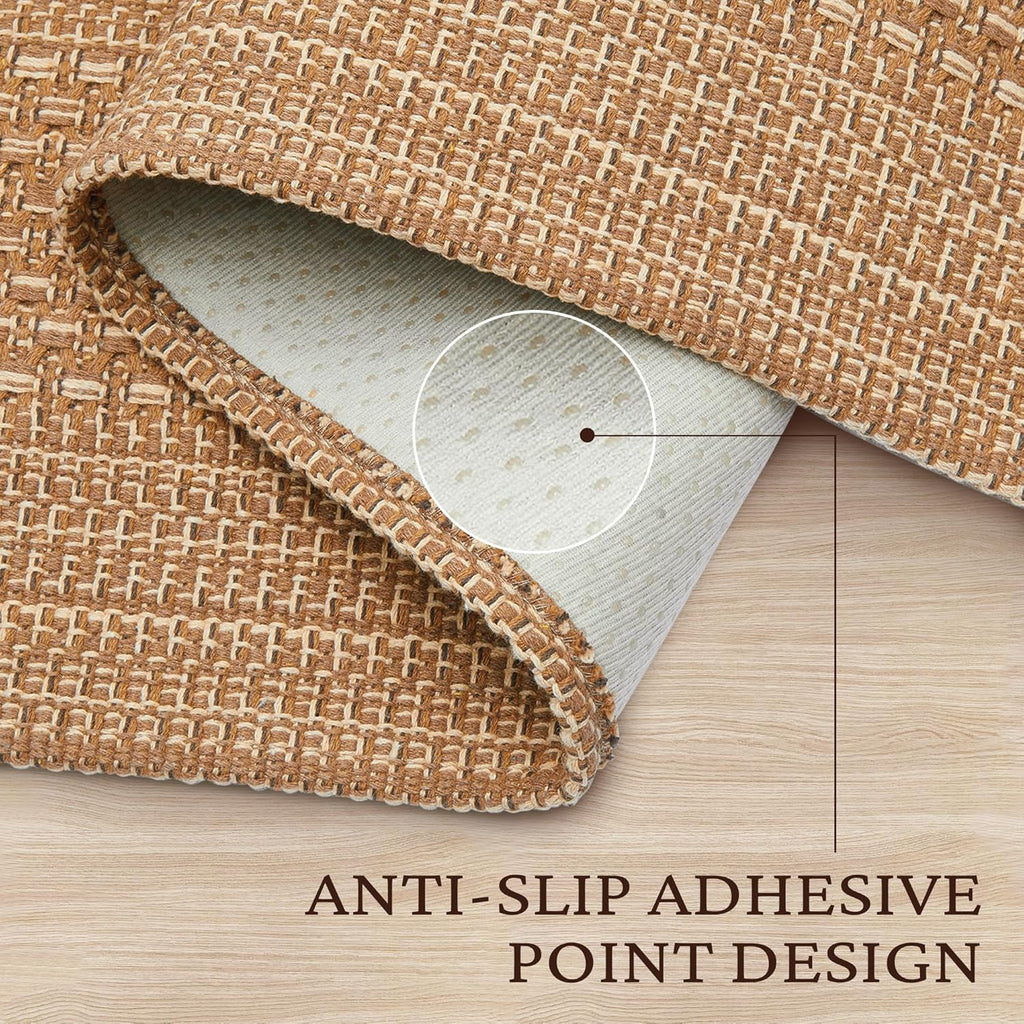 3x5 ft Washable Area Rug, Textured Natural Woven Low-Profile Entryway Rug with Non-Slip Backing, Neutral Light Brown
