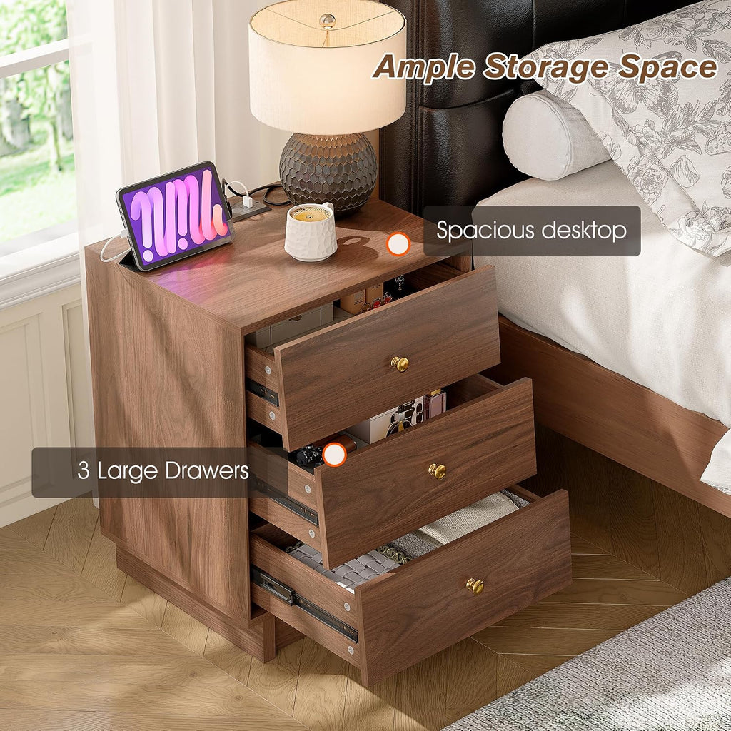 Nightstand with 3 Drawers and Charging Station, Mid Century Modern Bedside Table, 19" Wide Wood End Table with