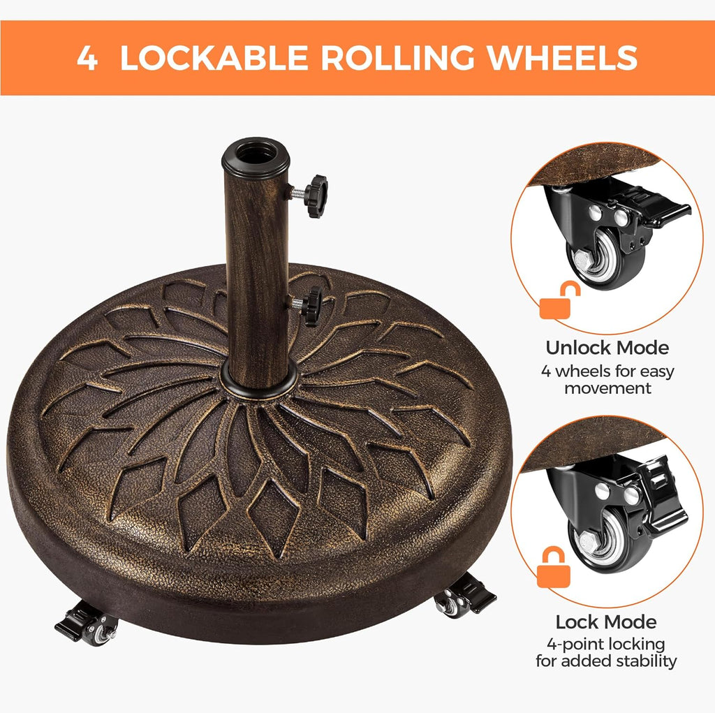 55lbs Heavy Duty Round Umbrella Base with 4 Lockable Rolling Wheels & 2 knobs, Outdoor Antiqued Umbrella Stand