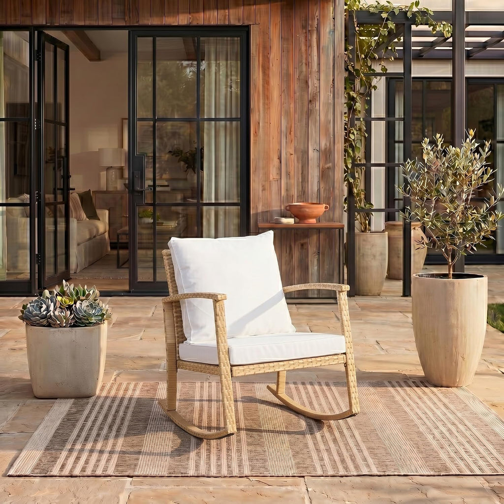 Outdoor - Daire Rocking Chair - Natural & White - Steel Frame Faux & Rattan with Cushion - Open-Frame Design - Ideal