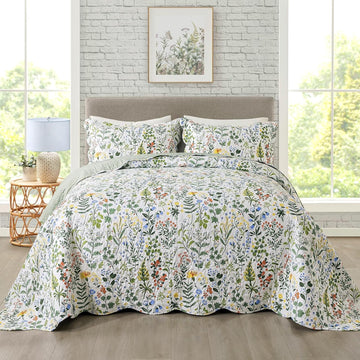 3-Piece Quilt Set Quilted Bedspread Lightweight Coverlet Set Garden Style Floral Printed Oversized Quilted Bedding