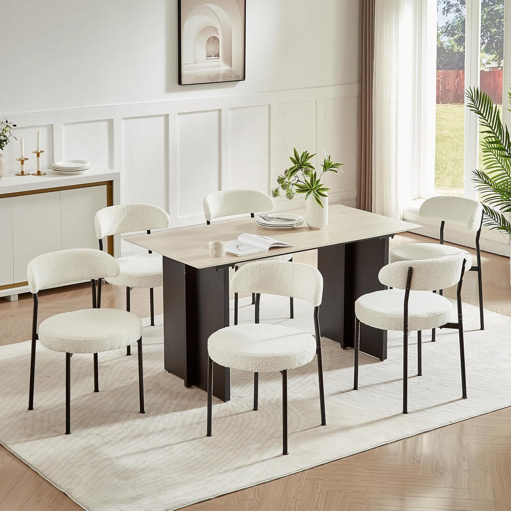 Dining Chairs, Beige Boucle Dining Chairs Set of 4, Kitchen Dining Room Chairs Curved Backrest Upholstered Mid