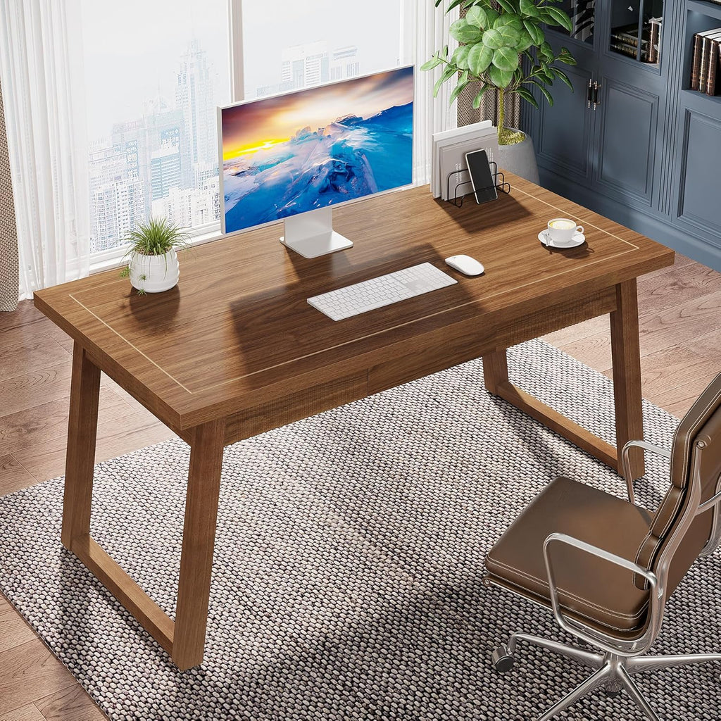 Home Office Executive Desk: 55 Inches Wooden Computer Desk with Drawer, Mid-Century Modern Study Writing Table