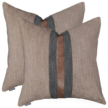 Set of 2 Leather Throw Pillow Covers Cotton Linen Decor Patchwork Pillow Cover Faux Leather Pillows Cover for Couch