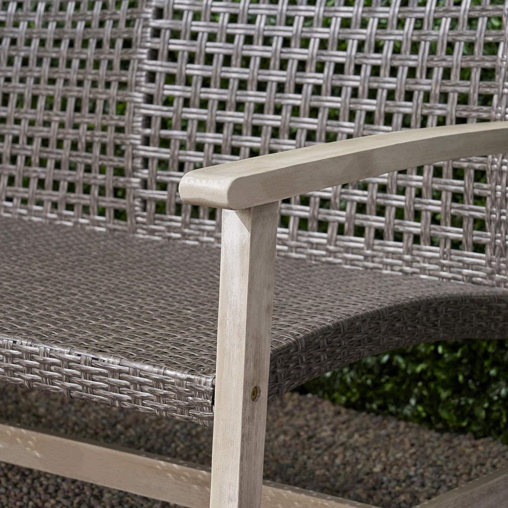 Marcia Outdoor Wood and Wicker Sofa, Light Gray Finish with Mix Black Wicker,Mixed Black, Light Gray Wash