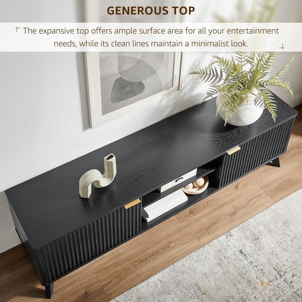 70" Mid-Century Modern Fluted TV Stand, 2 Soft-Close Doors, Black Oak