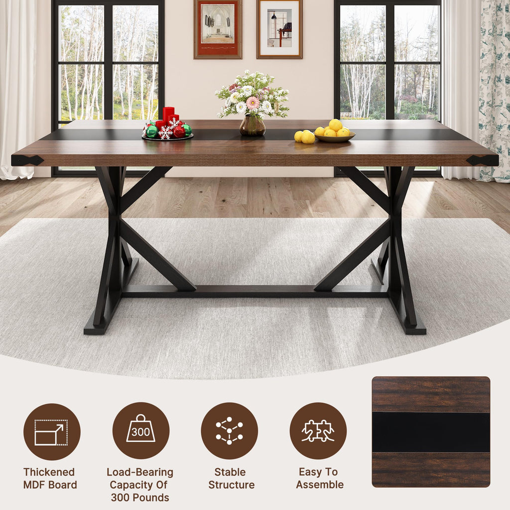 71 Inch Dining Table for 6 People, Rectangular Kitchen Farmhouse Table W/Thickness Waterproof Wood Tabletop, Long