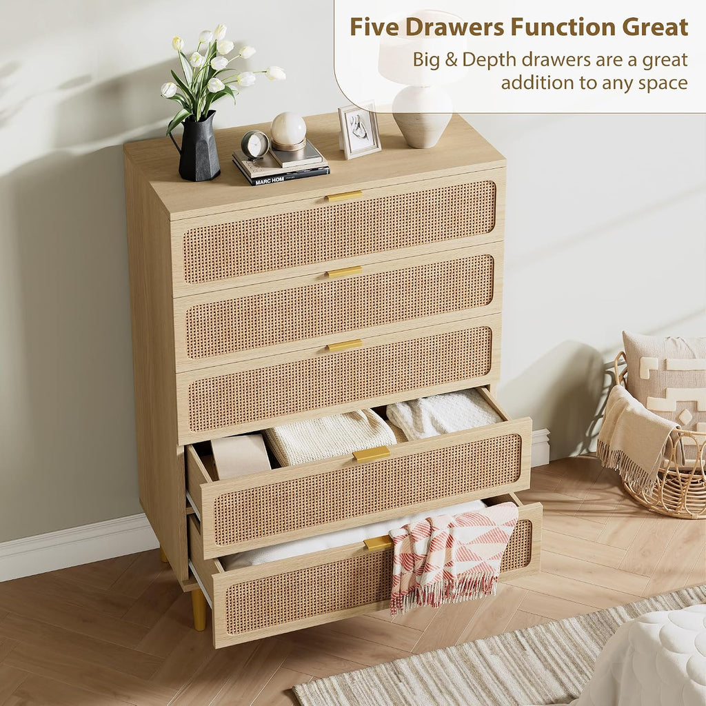 Rattan 5 Drawer Dressers , Tall Dresser with Deep Drawers, Large Chest of Drawers for Closet with Wide Top, Long