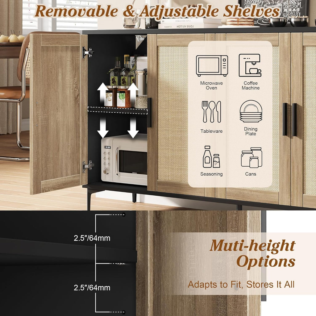 Buffet Cabinet with Storage, 48" Rattan Sideboard with Adjustable Shelves
