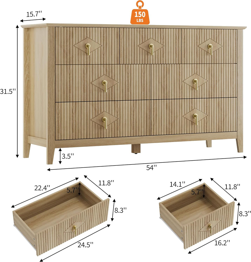 Fluted Dresser , 54 Inch Wide 7-Drawer Wood Dresser, Modern Chest of Drawers, Storage Organizer Cabinet , Natural