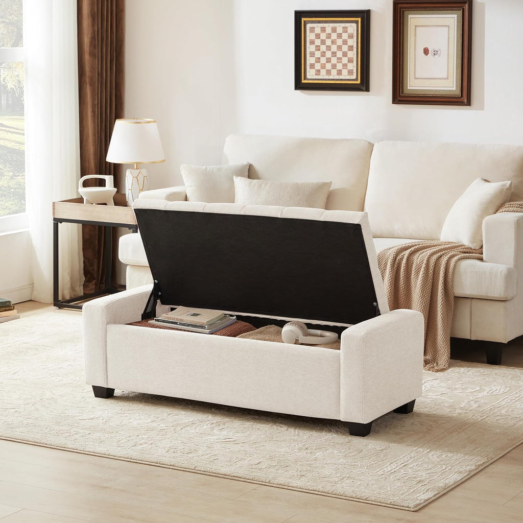 48" Ottoman with Storage, Storage Ottoman Bench with Safety Hinge, Upholstered Entryway Bench with Seating , Holds up