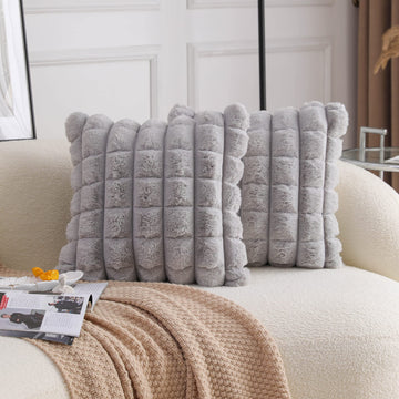Grey Faux Fur Cozy Soft Plaid Decorative Throw Pillow Covers 24x24 inch Set of 2, Velvet Pillowcase Cushion Case for