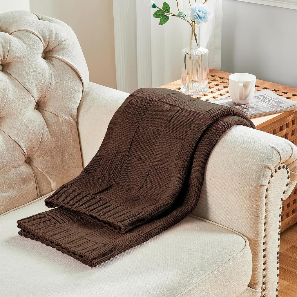 Check Knit Throw Blanket, Dark Brown Checkered Throw, Decorative Christmas Soft Cozy Warm Knitted Blanket, 50"X60"