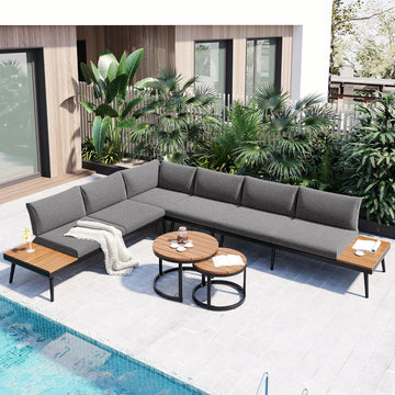 4-Piece Outdoor Sectional Sofa Set with Nesting Coffee Table and Cushion, Outdoor Acacia Wood L-Shaped Corner Sofa