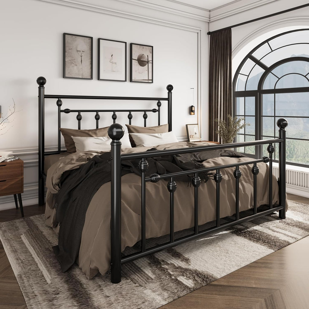 14" Queen Metal Platform Bed Frame/Victorian Headboard and Footboard/Steel Slats Mattress Foundation for Storage/No