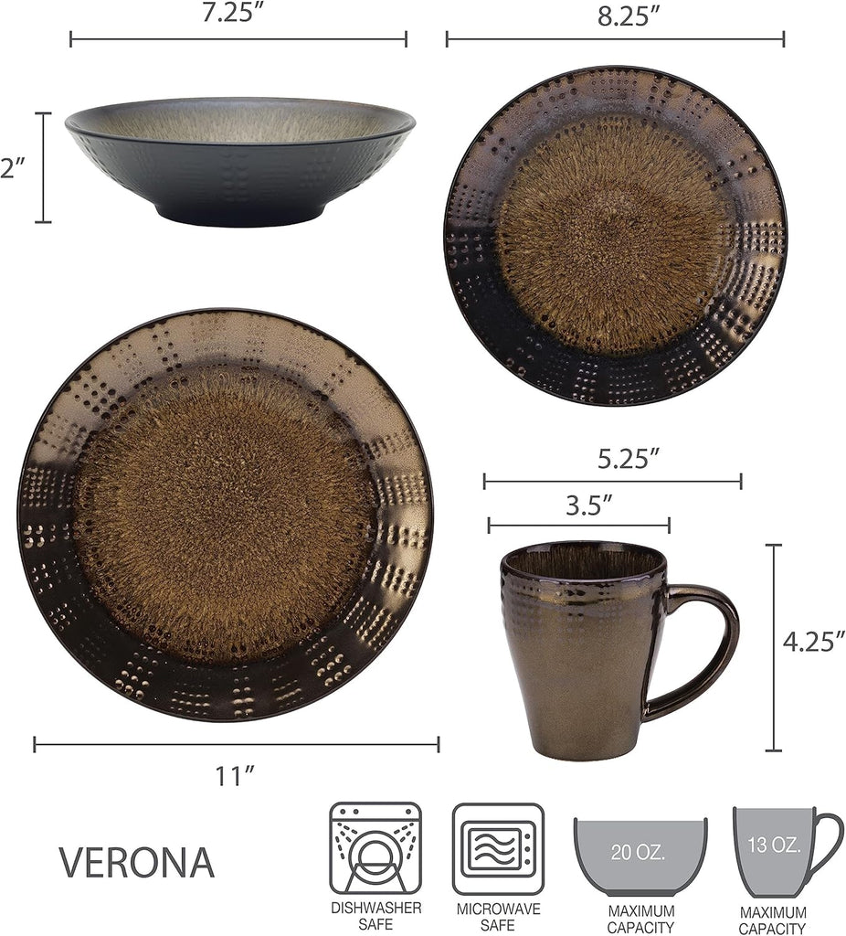 Gourmet Basics Verona 16-Piece Stoneware Dinnerware Set, Service for 4, Includes Dinner Plates, Salad Plates