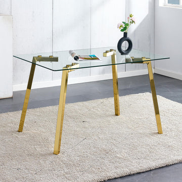 51" Modern Glass Dining Table with Rectangular Tempered Tabletop, Dinner Desk W/Goldes Metal Legs, Gold+Clear Finish
