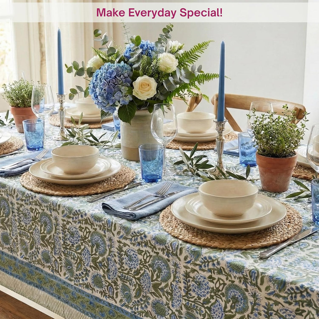 Clover Blue 100% Cotton Rectangle Fall Tablecloth, Handblock Floral Linen Table Cloth Dining Table I
