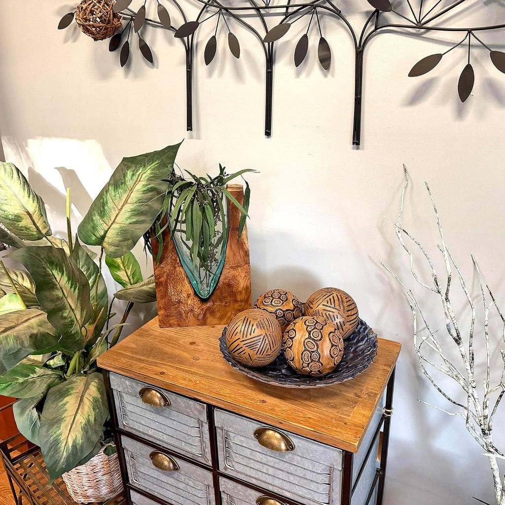 Decorative Orbs Set of 4 Brown Resin Carved Spheres, 4 Inch | Distressed Painted Finish, Tribal-Inspired Lines and