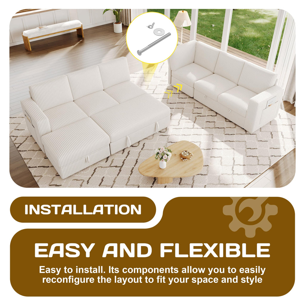 Sectional Sleeper Sofa, Pull Out Couch with Storage, Lvory, 7 Seat