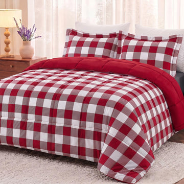 Lightweight Plaid Comforter Set with 2 Pillow Shams - 3-Piece Set - Red/White Plaid - Down Alternative
