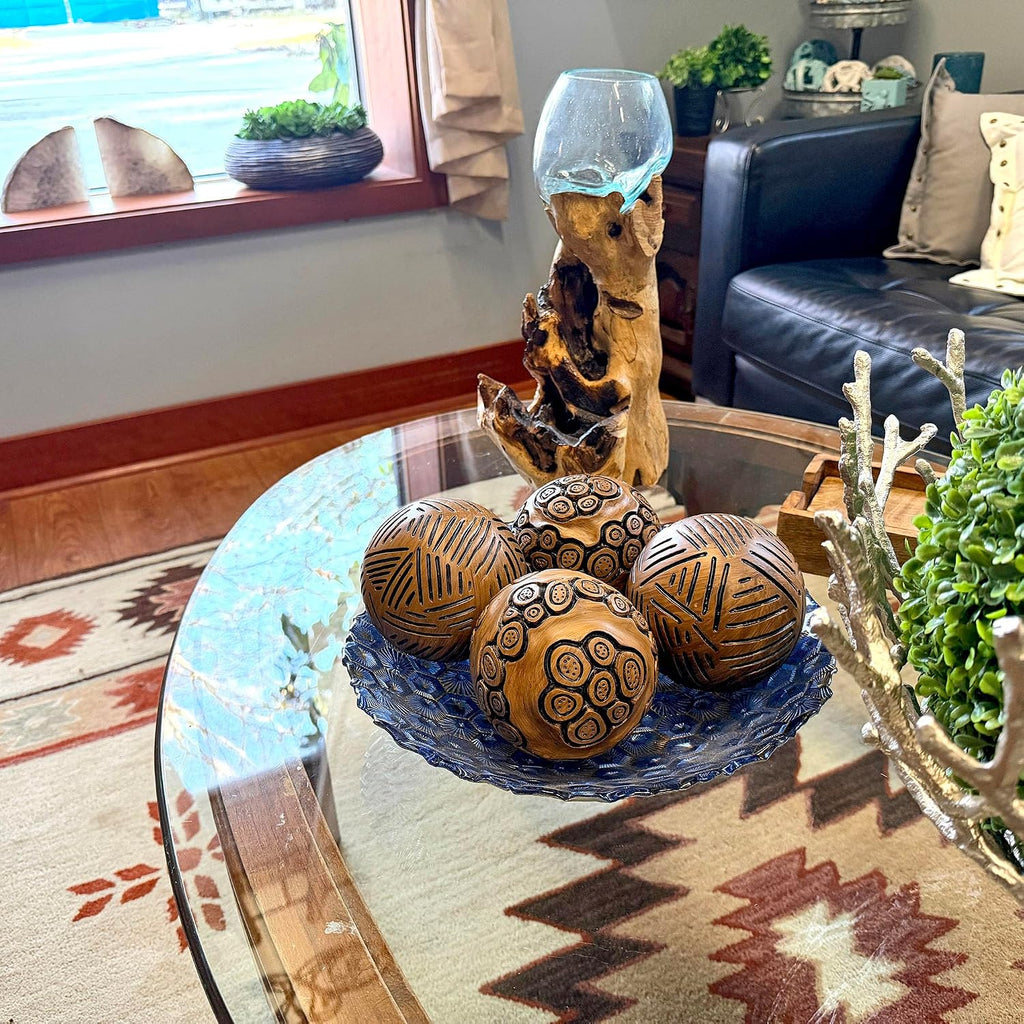 Decorative Orbs Set of 4 Brown Resin Carved Spheres, 4 Inch | Distressed Painted Finish, Tribal-Inspired Lines and