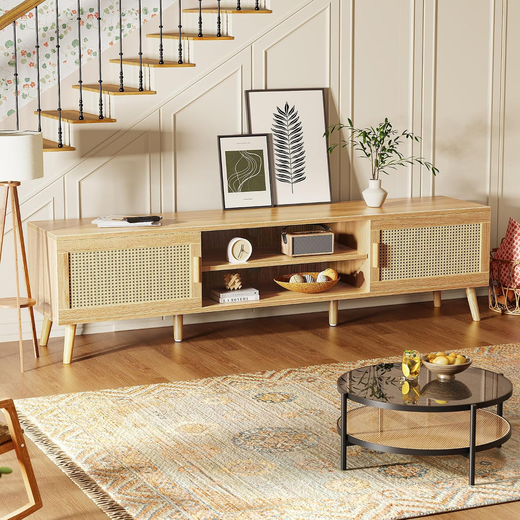 70.9 Inch Boho TV Stand for 75 Inch TV, Entertainment Center with Adjustable Shelf, Rattan TV Console with 2