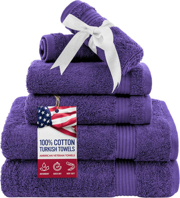 6 Piece Towel Set , 100% Cotton Turkish Bathroom Towels, 2 Bath Towels 2 Hand Towels 2 Washcloths, Purple