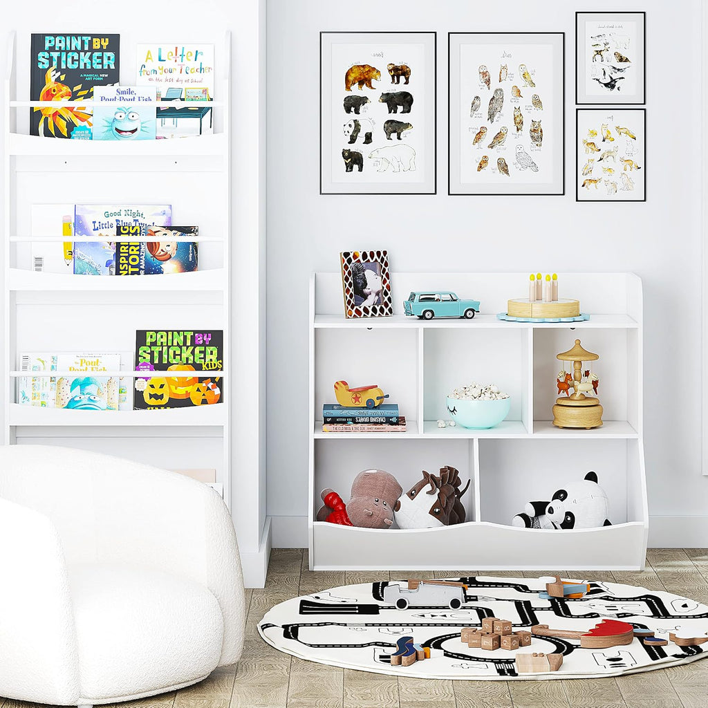 Toy Storage Organizer with Bookcase, Slanted Kids Toy Shelf Cubby | Multi Toy Storage Bookshelf, Spacious Shelves and