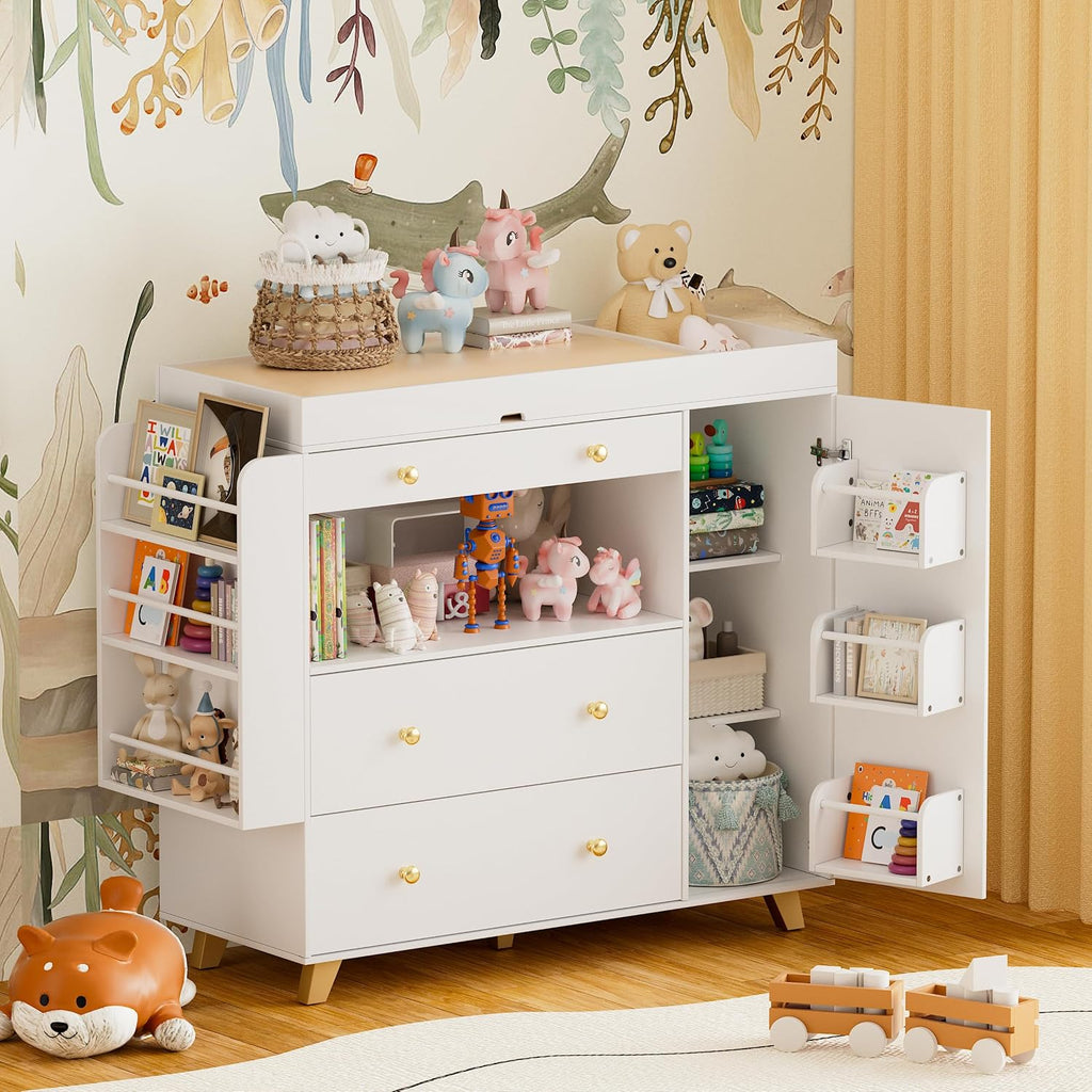 Nursery Dresser with Baby Changing Table, Modern Diaper Changing Station,Dresser with 3 Drawers & Shelves, Storage