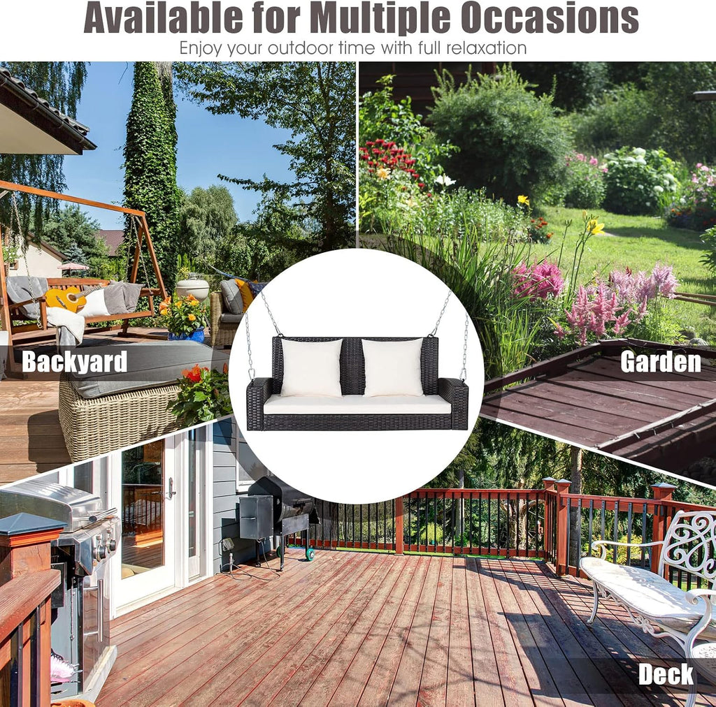 2-Person Wicker Porch Swing, Patiojoy Outdoor Rattan Hanging Swing Bench W/ 2 Back Cushions & 1 Seat Cushion, Sturdy