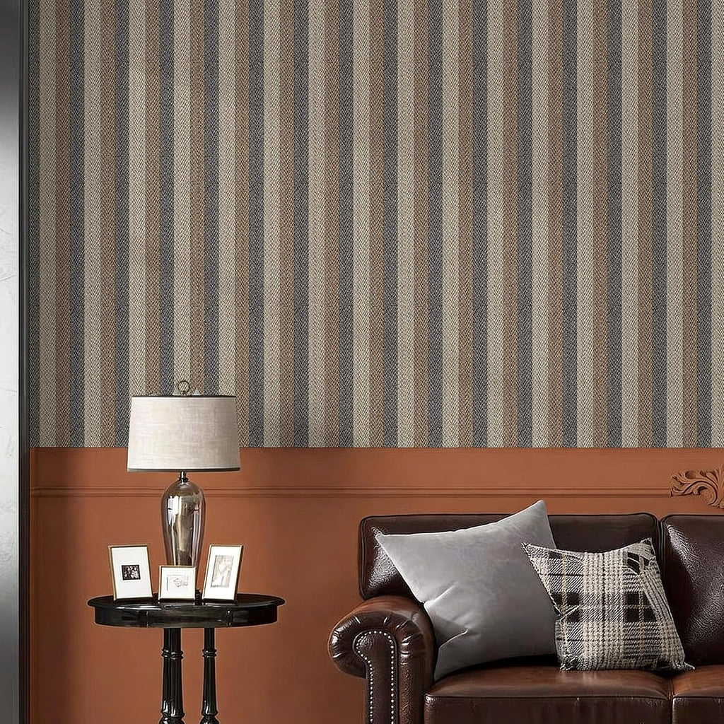 Textured Fabric Wallpaper Peel and Stick Large Size 26"x400" Black/Brown/Grey Stripes Printed Grasscloth Look Wall