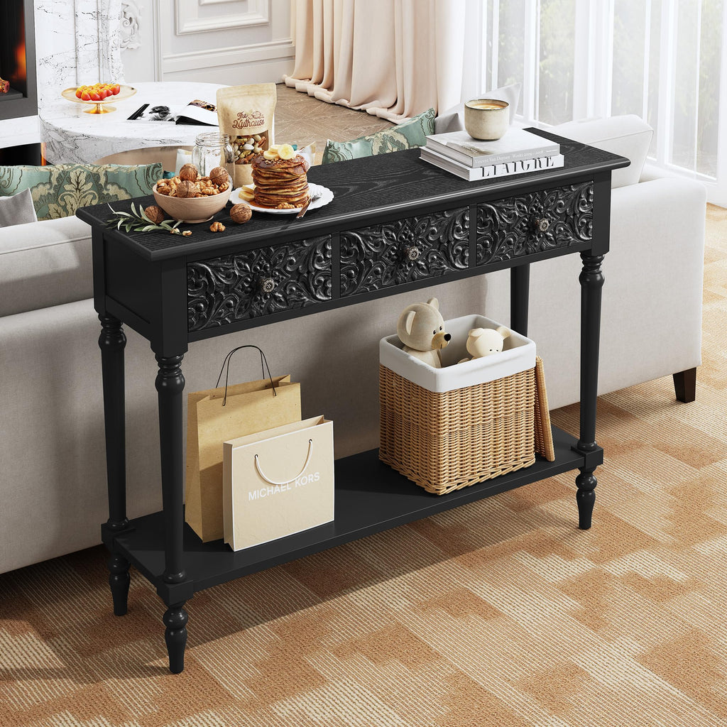 42" Carved Entryway Console Table with 3 Drawers, Black