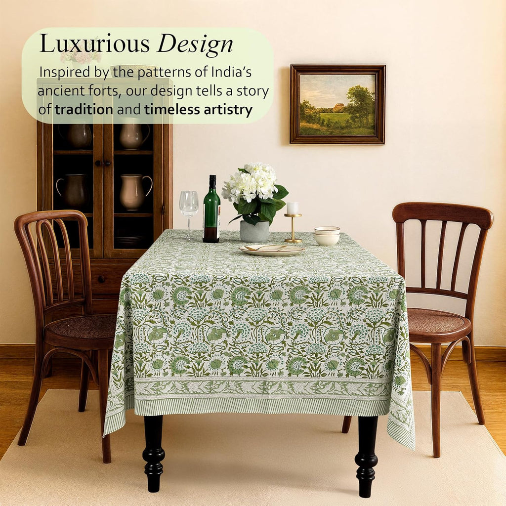 Block Print Tablecloth Agate Green 90"x60" Rectangular 100% Cotton Reusable Table Cover, Everyda