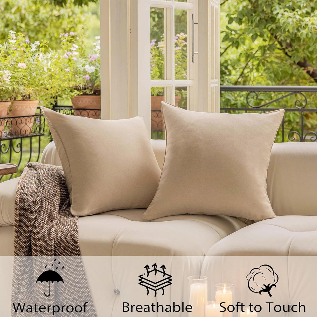 Outdoor Throw Pillows 18x18 Waterproof Square Pillow Covers Decorative Pillowcase, Set of 4, 18 x 18 Inch, Beige