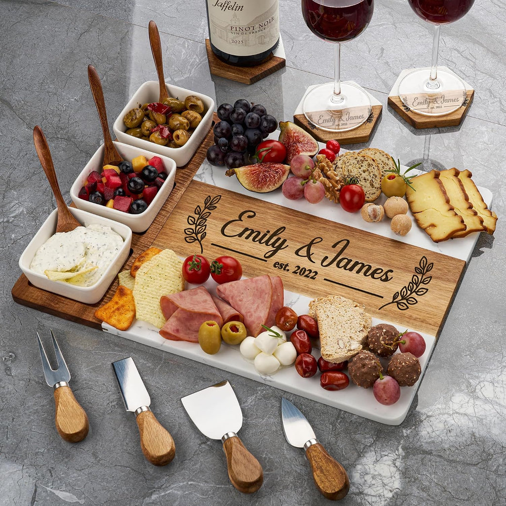 Personalized Acacia Wood & Marble Charcuterie Board - Custom Engraved Cheese Board with Knife Set - Perfect Wedding &