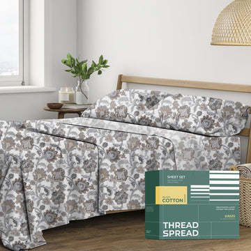 100% Organic Cotton Sheets Twin XL Size - Organic Cotton Percale Weave Sheet Set (3 PC, Floral Ivory), Soft, Cooling