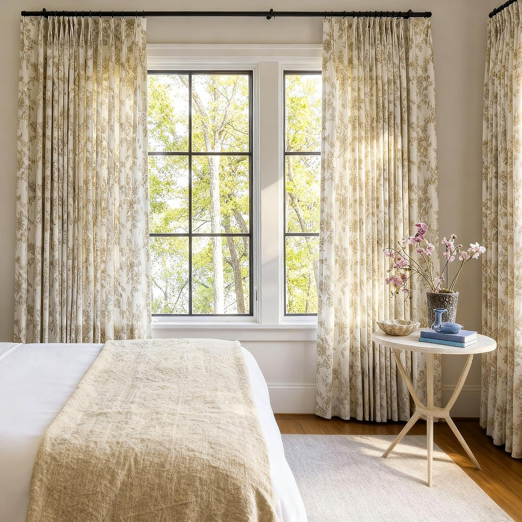 Pinch Pleated Sheer Floral Curtains - Luxury Linen Blend Light Filtering Beige Drapes Living Room - 108" Farmhouse