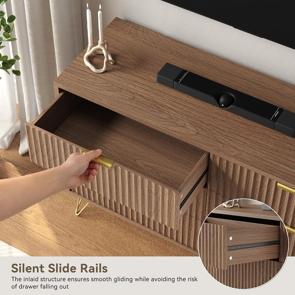 Fluted 6 Drawers Dresser , Wood Dressers with Scratch-Proof Golden Handles, Natural Curved Profile, Modern Double
