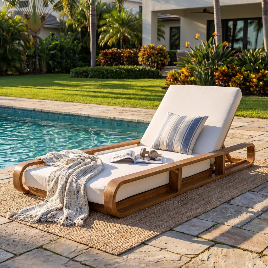 Pyke Patio Chaise Lounge Chair Outdoor with 4-Thick Cushion, Acacia Wood Poolside Sun Lounger with Curved Frame