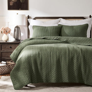 Olive Green Cross Stitch King Quilt Set, Striped Lightweight Soft Bedspread, Channel Farmhouse Rustic Coverlet, All